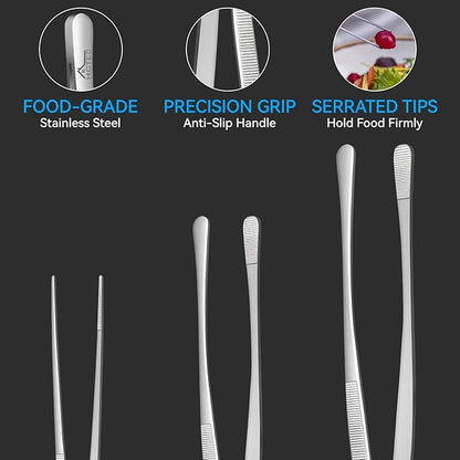 HOTEC Kitchen Tweezers Tongs Stainless Steel Professional Chef Tweezers, Set of 3-12", 10" and 6.3inch Food Tongs for Cooking, Repairing, Dessert, BBQ, Meat, Pasta