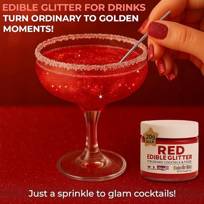 Bulk 20g Red Edible Glitter for Drinks | Premium Edible Glitter for Cakes, Cocktails, Red Cake Decorating Decorations Food Grade, Vegan, Kosher, Halal, Gluten Free - Made in USA