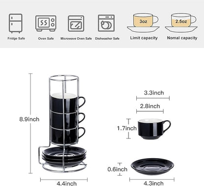 2.5 Ounce Porcelain Espresso Cups with Saucers and Silver Stand, Black Stackable Cups Set of 4