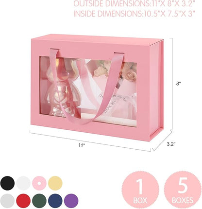 Pink Gift Box with Window, Clear Magnetic Gift Box with Handle for Present, Bridesmaid Proposal Box (10.5x7.5x3 Inches