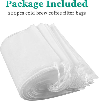 Yzurbu 200pcs 4''x6'' Cold Brew Coffee Filter Bags, No Mess Disposable Filter Bag with Drawstring for Coffee Grounds & Ice Tea