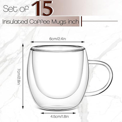 Gerrii Espresso Cups Double Walled Espresso Shot Glass with Handle Cups Insulated Clear Small Shot Glasses for Cappuccino Latte Hot Beverage(15 Pcs,2.5 oz)