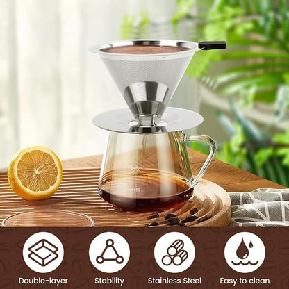 Pour Over Coffee Dripper with Cleaning Brush, Stainless Steel Cone Coffee Filter Fine Mesh Double Layer, Paperless Reusable Coffee Filter, Drip Cone Brew Coffee Strainer(SIZE:Medium)