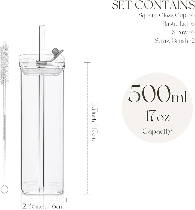 6 Sets Square Drinking Glass Cups, Old Fashioned Glasses, 17 Oz Square Glasses, Clear Highball Modern Glassware Tumbler Mixed Drinkware with Straws for Cocktail Coffee Juice Beer (Square-6PCS)