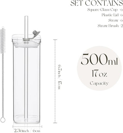 6 Sets Square Drinking Glass Cups, Old Fashioned Glasses, 17 Oz Square Glasses, Clear Highball Modern Glassware Tumbler Mixed Drinkware with Straws for Cocktail Coffee Juice Beer (Square-6PCS)