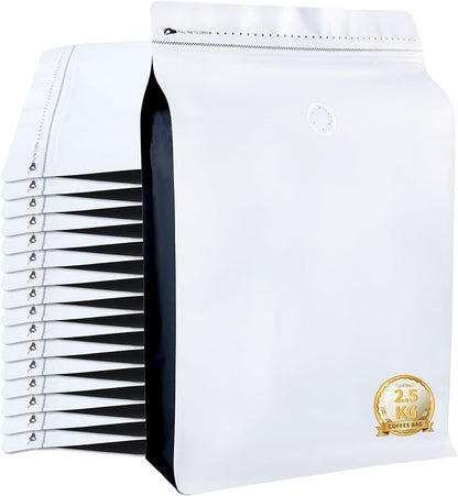 New 2.5 KG Large Capacity Coffee Bags with Valve (50 PCS) White Sides Black High Barrier Aluminum Foil Flat Bottom Standing Coffee Beans Storage Packaging Bags, Reusable Heat Seal Side Zipper Pouches