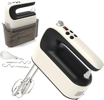 9-Speed Digital Hand Mixer Electric, 400W Powerful DC Motor, Baking Mixer Handheld with Snap-On Storage Case, 5 Stainless Steel Accessories, Flat Beaters, Dough Hooks, Whisk (Creamy&Black)