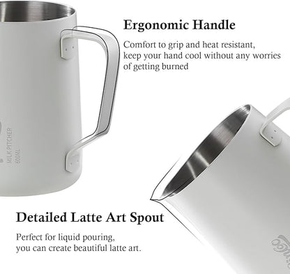 Milk Frothing Pitcher - 600ml/20oz Milk Frother Cup Espresso Steaming Pitcher for Barista, Bincoo SUS304 Stainless Steel Espresso Steaming Pitchers for Latte Art/Cappuccino/Coffee/Milk (White-600ml)