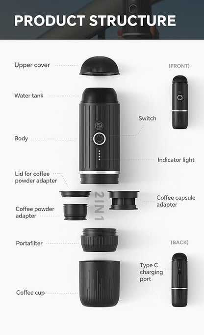 Portable Coffee Maker Travel Espresso Machine 120W Red Color, 19 Bar Pressure 7500mAh Rechargeable Battery Version Portable On the Go for Camping, Driving, Home and Office Travelling