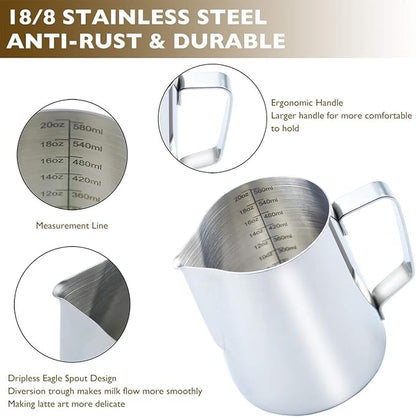 CAMKYDE Milk Frothing Pitcher 20 oz, Stainless Steel Espresso Steaming Pitcher with Decorating Pen for Coffee, Espresso Machines, Cappuccino, Latte Art A Silver