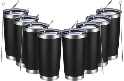 MEWAY 20oz Tumbler 8 Pack Double Wall Vacuum Insulated Travel Mug Bulk, Stainless Steel Tumblers with Lid and Straw, Durable Powder Coated Coffee Cups for Cold & Hot Drinks (Black, 8)