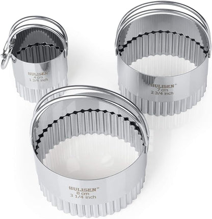 HULISEN Biscuit Cutter Set (3 Pieces/Set), Round Cookies Cutter with Handle, Professional Baking Dough Tools (Wave)