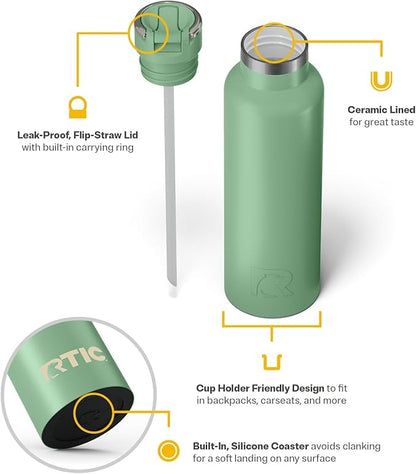RTIC 20oz Journey Bottle Metal Stainless Steel Vacuum Insulated, BPA Free, Reusable, for Water, Hot and Cold Drinks, Travel, Sports, Camping, Sage