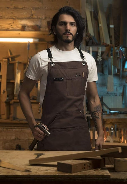 Asaya Chef and BBQ Apron with Bottle Opener and Hand Towel - 10oz Cotton Canvas, Stainless Steel Hardware - Cross Back Straps