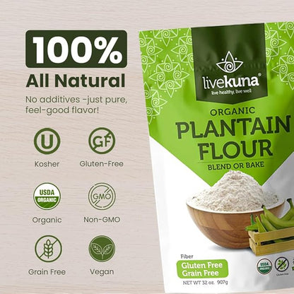 LiveKuna Organic Plantain Flour - Gluten Free All Purpose Flour Alternative For Baking & Cooking Recipes - Grain Free Vegan Plantain Flour, Rich In Fiber & Vitamins for Keto & Paleo Diets, 32oz Bag