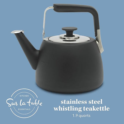 Sur La Table Kitchen Essentials Large 2 QT Heavy Gauge Stainless Steel Whistling Tea Kettle - Matte Black