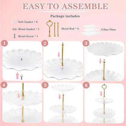 5 Pcs Dessert Table Display Set, White Plastic 2 Pcs Square 3 Tier Cupcake Stand Cup Cake Tower Stand with Metal Rod & 3 Pcs Serving Tray for Baby Shower, Tea Party, Wedding, Birthday Party