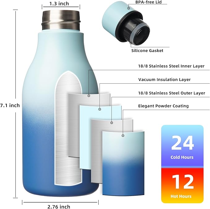 BJPKPK Insulated Water Bottles, 12oz Stainless Steel Metal Water Bottle with Strap, BPA Free Leak Proof Thermos, Mugs, Flasks, Reusable Water Bottle for Sports & Travel, Sky