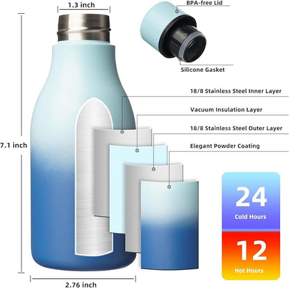 BJPKPK Insulated Water Bottles, 12oz Stainless Steel Metal Water Bottle with Strap, BPA Free Leak Proof Thermos, Mugs, Flasks, Reusable Water Bottle for Sports & Travel, Sky