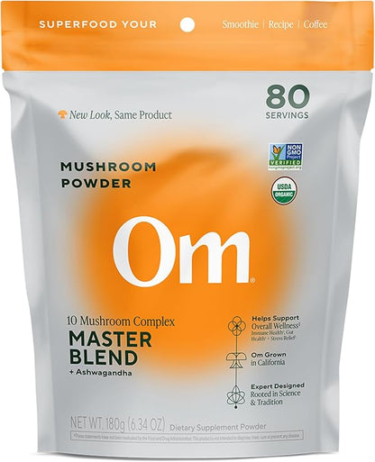 Om Master Blend Mushroom Powder – Organic Mushroom Supplement with 10 Mushrooms and Ashwagandha - Support Immunity, Gut Health & Stress Relief, 6.34 oz (80 Servings)