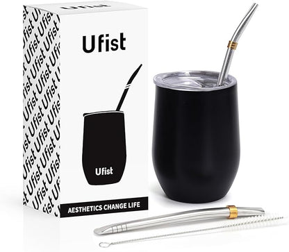 Yerba Mate Cup with Lid, 2 Bombillas, Cleaning Brush, 11.8oz Stainless Steel Double-Wall Insulated Gourd (Black)
