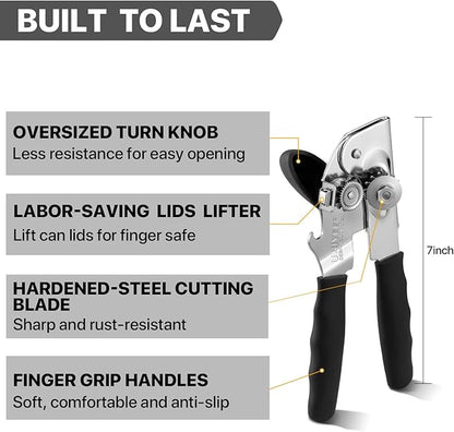 Can Opener Manual Heavy Duty, UHIYEE Hand Held Can Openers for Seniors with Comfort Grip Sharp Blade, Solid Steel Hand Manual Can Open with Magnet for Kitchen Camping, Black