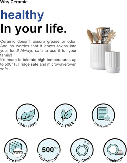 LE TAUCI Utensil Holder, 7.3"+5.4" Ceramic Kitchen Utensil Holder for Countertop, Large Cooking Utensil Crocks for Kitchen Counter Decor, Morden Utensil Organizer for Spatula, Set of 2, White