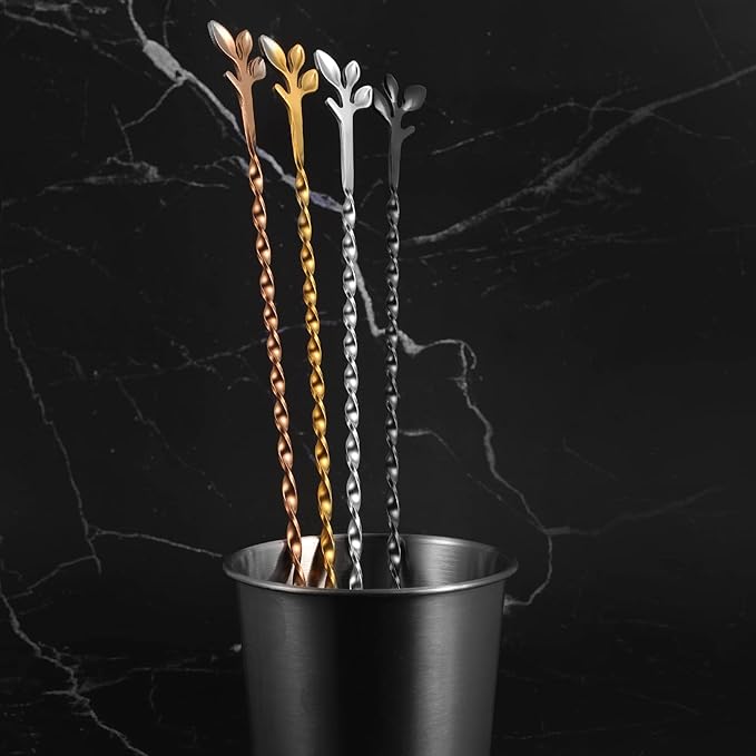 AnSaw Rose Gold 12-Inch Stainless Steel Cocktail Spoon with Leaf Handle - Perfect for Mixing & Layering Drinks in Tall Cups, Bar & Shakers - Durable Long Handle Bar Stirrer,1-Pieces