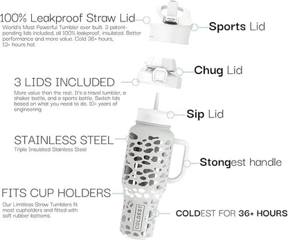 Coldest 40 oz Tumbler with Handle and Straw, 100% Leak Proof Insulated Tumbler with Lid and Straw (3 Lids), Stainless Steel Tumblers for Women & Men, Cup Holder Friendly, 46 oz (Silver Leopard)