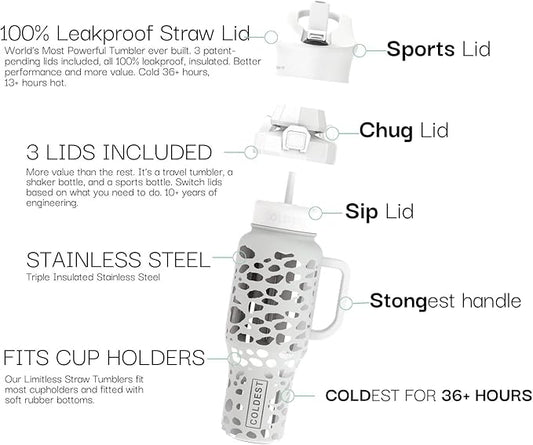 Coldest 40 oz Tumbler with Handle and Straw, 100% Leak Proof Insulated Tumbler with Lid and Straw (3 Lids), Stainless Steel Tumblers for Women & Men, Cup Holder Friendly, 46 oz (Silver Leopard)