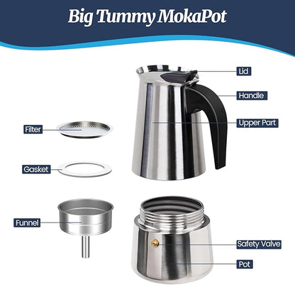 2 Cup Moka Pot Stainless Steel 100ml Italian Espresso Coffee Maker Stovetop Coffee Makers Mocha Pot Percolator Greca Coffee Maker for Induction Stove Portable for Easy Brewing Straight