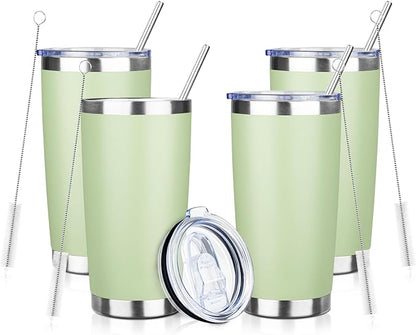20oz Tumbler with Straw and Brush, Stainless Steel Vacuum Insulated tumbler, Double Wall Insulated Coffee Tumbler for Outdoor, Home, Travel,Office (20 cup-Matcha Green,4pcs)