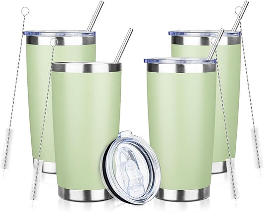 20oz Tumbler with Straw and Brush, Stainless Steel Vacuum Insulated tumbler, Double Wall Insulated Coffee Tumbler for Outdoor, Home, Travel,Office (20 cup-Matcha Green,4pcs)