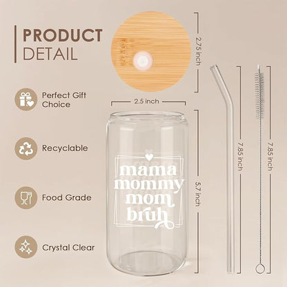 SANDJEST Mother Glass Can, Mama Mommy Mom Bruh Cup with Lid & Straw, Iced Coffee Aesthetic Cups, Idea Gift for Christmas Birthday Mother Day, Gifts for Women, 16oz