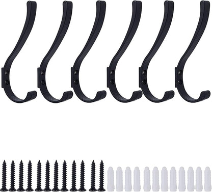6 Pack Hanging Coat Hooks Wall Mount, Coat Hanger Wall Hangers, Metal Hooks for Hanging Heavy Duty, Screw in Hooks for Hanging Towels, Clothes, Backpack, Hat, Bag, Jacket, Key, Robe, Backpack Black