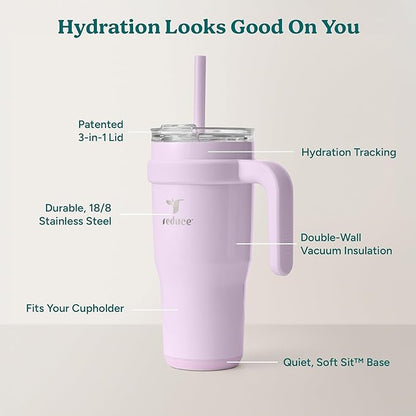 REDUCE 24 oz Stainless Steel Tumbler with Handle - Dual-Wall Vacuum Insulated Travel Mug, Sweat-Proof Lid & Reusable Straw - Keeps Drinks Cold for 24 Hrs, Fits Cupholders, Dishwasher Safe - Lilac Bud