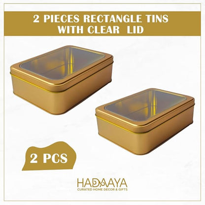 Pack of 2 Gold Rectangular Tin Container With Clear Lid, Multipurpose Tin Box, Festive Tin Box for Gift Giving, Cookies, Stationery & More - 7.25 x 5.25 x 2.25 Inches