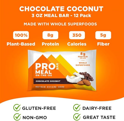 PROBAR - MEAL Bar, Chocolate Coconut, Non-GMO, Gluten-Free, Healthy, Plant-Based, Whole-Food Ingredients, Natural Energy (12 Count)