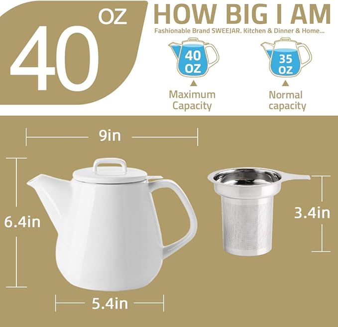 Sweejar 40oz Tea pot with Removable Stainless Steel Infuser,Dishwasher Safe Tea Pots for Loose Tea,Tea Pots with Infuser for Chrismas Women Gift (Red)