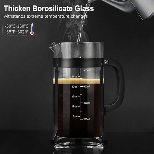 QUQIYSO French Press Coffee Maker 34oz 304 Stainless Steel French Press with 4 Filter, Heat Resistant Durable, Easy to Clean, Borosilicate Glass Coffee Press, 100% BPA Free Glass Teapot, Black
