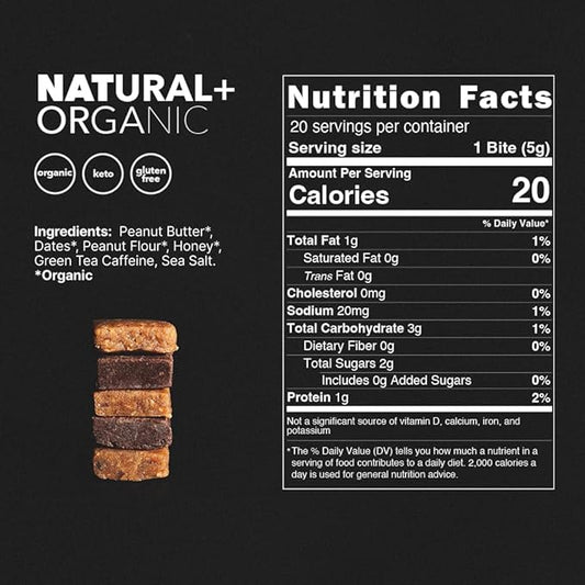 CAFF All Natural Energy Bites - Caffeinated Peanut Butter Bite for Energy Boost - 65mg Caffeine Peanut Butter Bars – 20 Calorie Organic Caffeine Snacks - Gluten-Free, Keto (20 Bites)