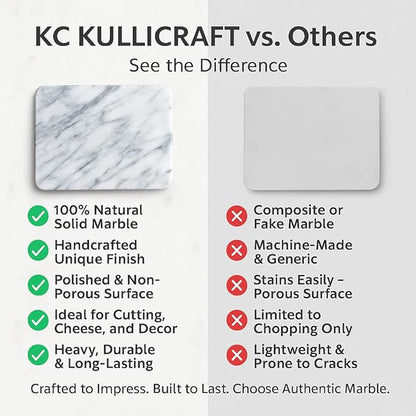 KC KULLICRAFT 8×12 White Marble Cheese & Charcuterie Serving Board – Natural Marble Cutting Board & Pastry Slab with Non‑Slip Feet – Premium Stone Kitchen Tray Gift.