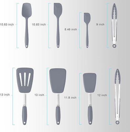 Silicone Spatulas Set Turners Tongs Cooking Utensils Set High Heat Resistant Kitchen Scraper Spatulas for Cooking Mixing Baking BPA Free Dishwasher Safe, Grey