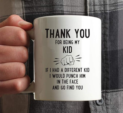 Andaz Press Funny Family 11oz. Coffee Mug Gift, Thank You for Being My Kid, Punch in Face, 1-Pack, Christmas Birthday Drinking Cup Present Ideas