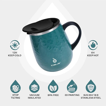 Ideus 16 oz (470 ml) Insulated Coffee Mug with Handle and Lid, Double Wall Stainless Steel Vacuum Thermal Coffee Mug, Travel Coffee Cup Thermal Cup for Home and Office, Leopard Green