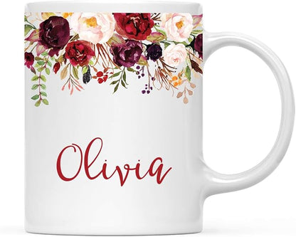 Andaz Press Personalized 11oz. Wedding Ceramic Coffee Tea Mug Bridesmaid Gift, Fall Autumn Marsala Burgundy Flowers Roses Florals, Olivia, 1-Pack, Includes Gift Box, Custom Name