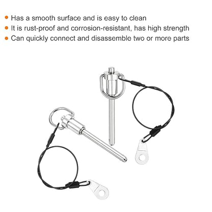 uxcell 2 Pcs Quick Release Pin, 1/4" x 2"(Dia. x L) Push-Button Ball Locking Pin 304 Stainless Steel Ring Handle Locking Pin with Wire for Audio Bimini Top Marine, Silver