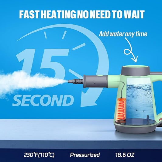 Handheld Pressurized Steam Cleaner - 15s Quick Start, Multi-Functional for Home, Kitchen, Bathroom, 8 Attachments, Chemical-Free, Safe & Efficient Cleaning Solution