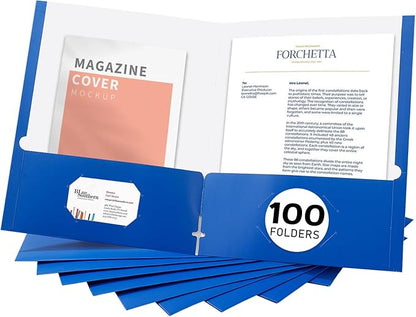 Zzrywuty File Folders with Pockets Letter Size, 100-Pack Paper Folders with Card Slot, Two Pocket Folders for School Students, Businessmen, Home and Office Workers（Blue）