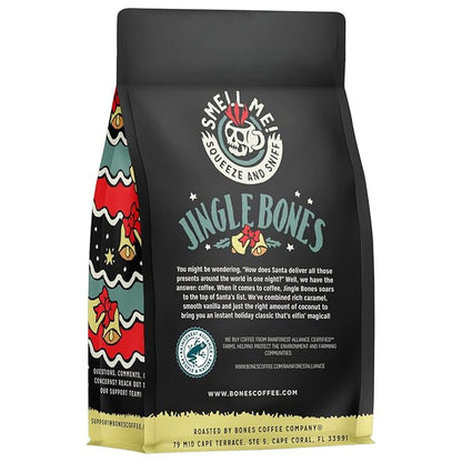 Bones Coffee Company Jingle Bones, Caramel Vanilla Coconut Flavored Coffee, Medium Roast Low Acid Arabica Beans Compatible with Auto drip and French Press Coffee Maker, 12 Oz Ground